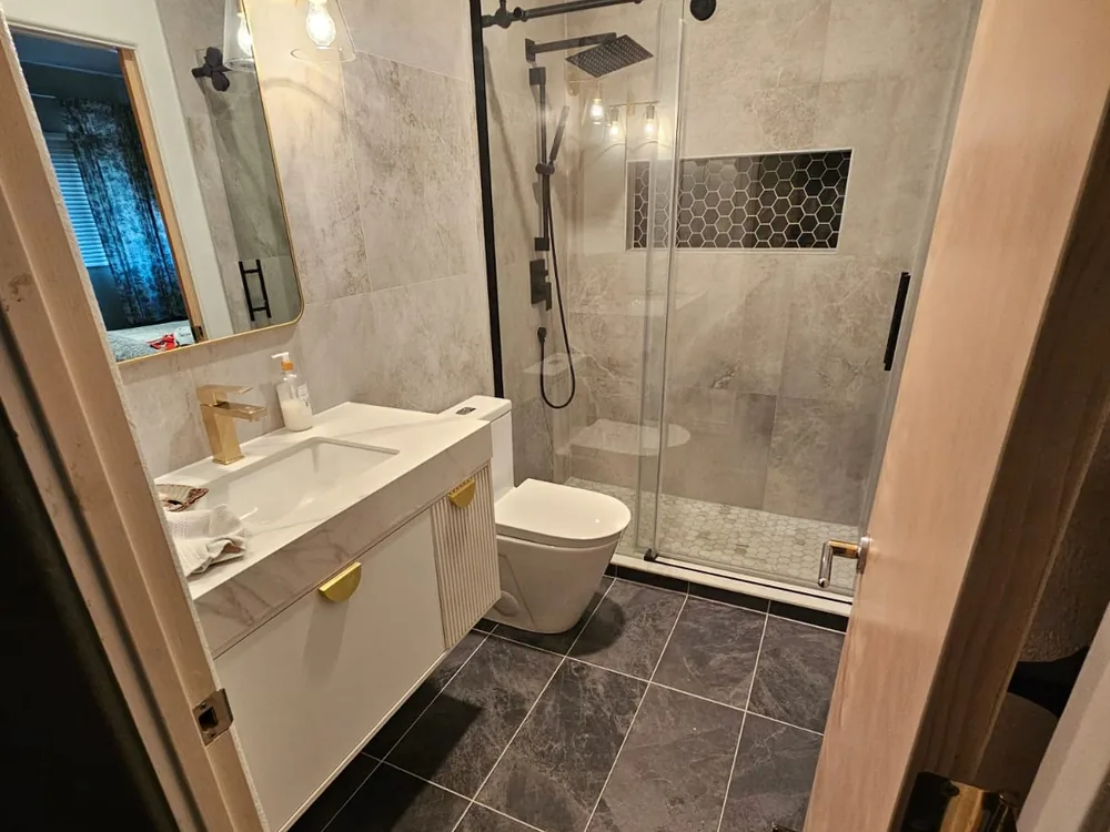 Completed double vanity and shower fixtures