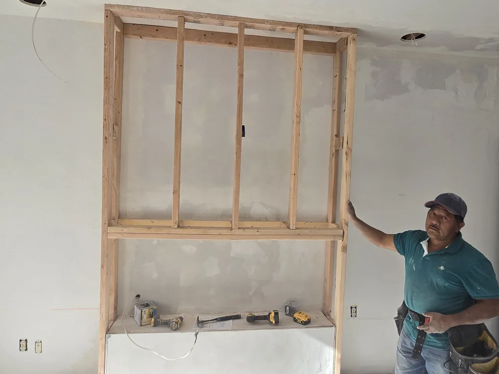 Interior wall framing exposed during renovation