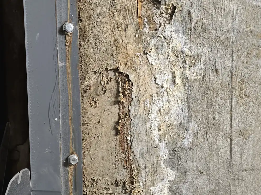 Deteriorated concrete beside a commercial building