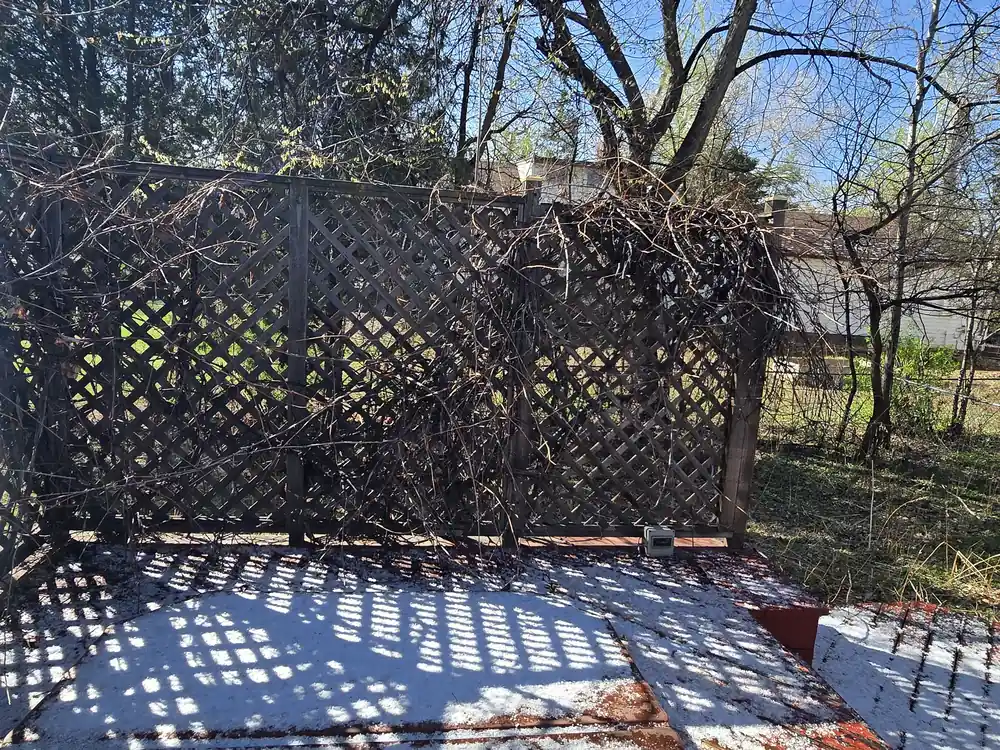 Wide view of a weathered deck before restoration